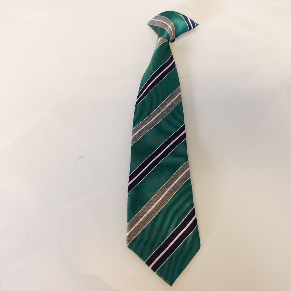 Skinny Tie Boy Green Repp Striped Regimental Dress Preppy Formal Clip On Necktie